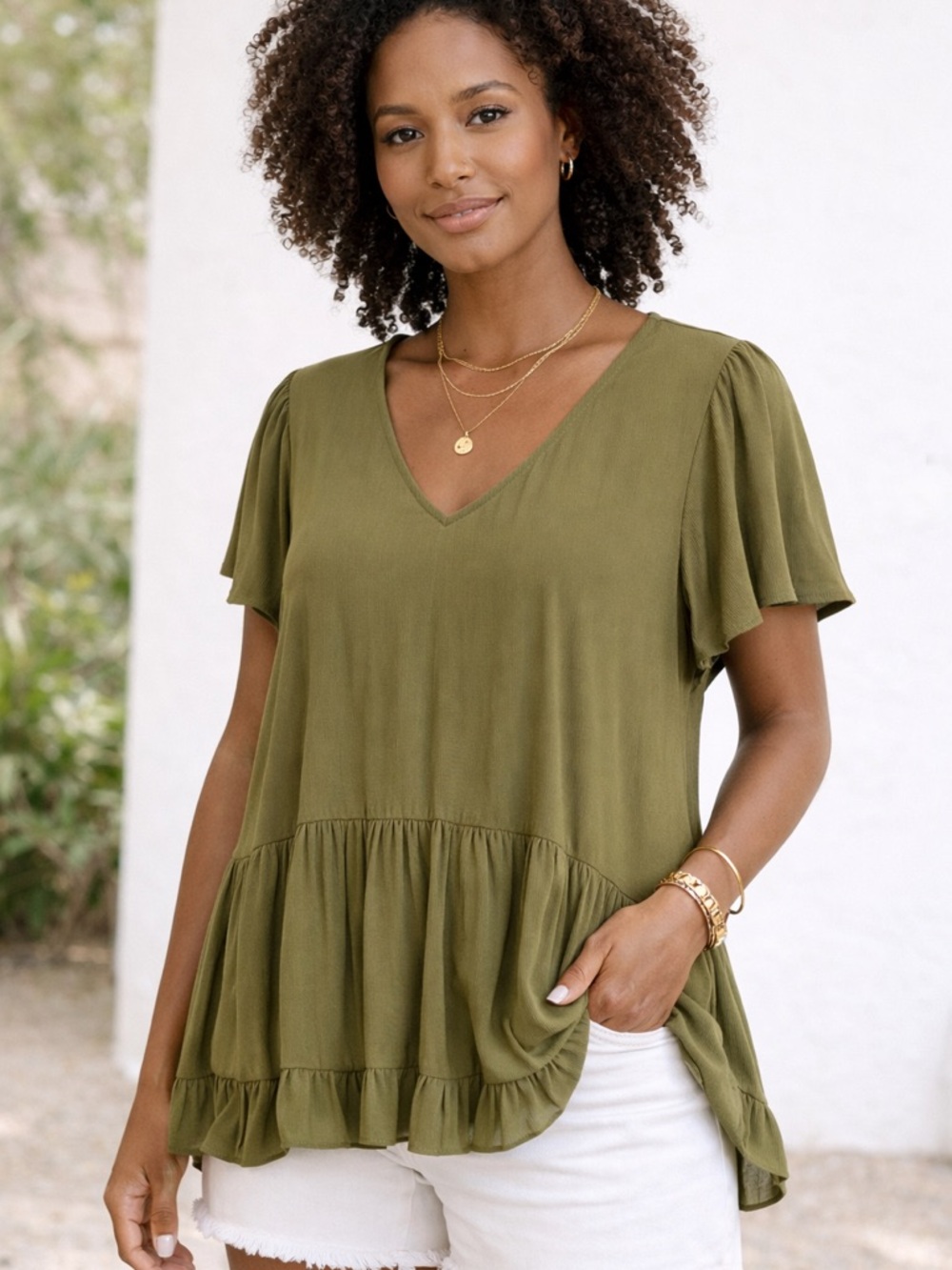 RO & DE Olive Green Blouse Size Medium V-Neck Flowy Boho Top Keyhole Back